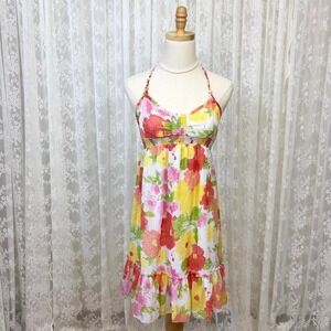 Y2K Aeropostale Pink & Yellow Floral Halter Mini Dress Womens‎ M Babydoll Preppy
